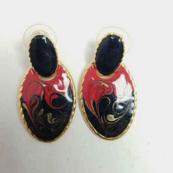 Vintage Red and Black Enamel Door Knocker Stud Dangle Earrings, Retro 80s 90s - Picture 2 of 6